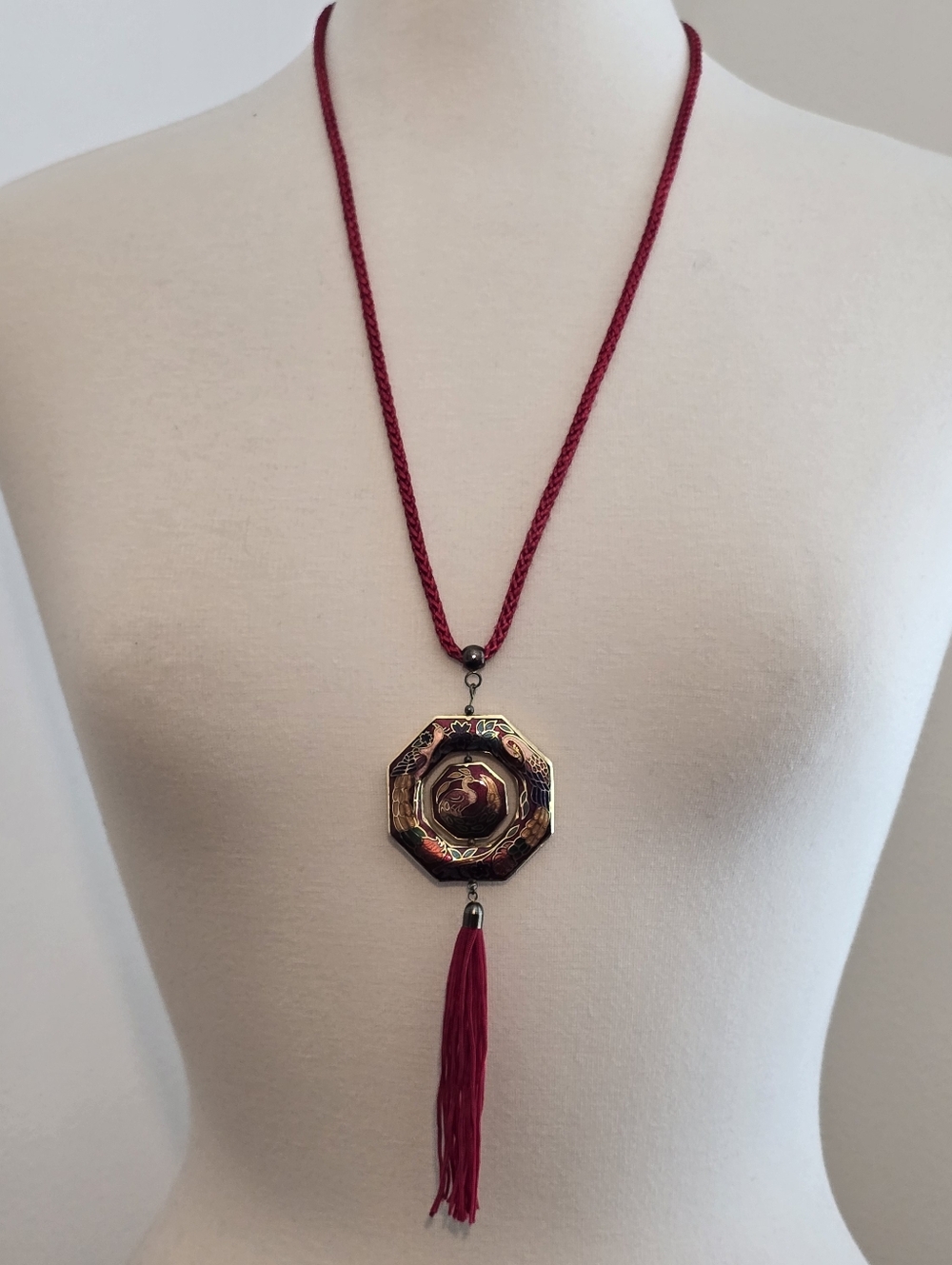 Vintage-Inspired Red Cloisonne Bird Flower Spinner Pendant Rope Necklace